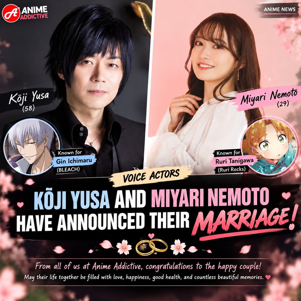 Voice Actors Kōji Yusa and Miyari Nemoto Announce Their Marriage!